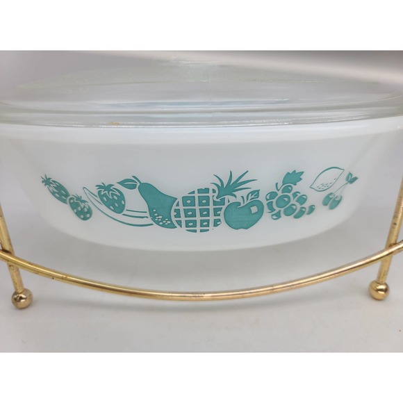 Vintage Glasbake Glass Oval 1Qt Casserole Lid And Metal Carrier Stand Pineapple - Picture 4 of 10